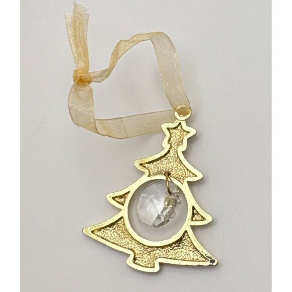 Vintage Gold Tone Christmas Tree Ornament With Faux Crystal Dangling Center - Picture 2 of 6
